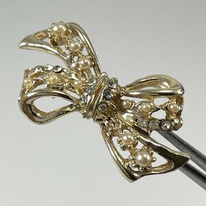 Gold Tone White Rhinestone Faux Pearl Bow Tie Brooch Pin Dainty Timeless